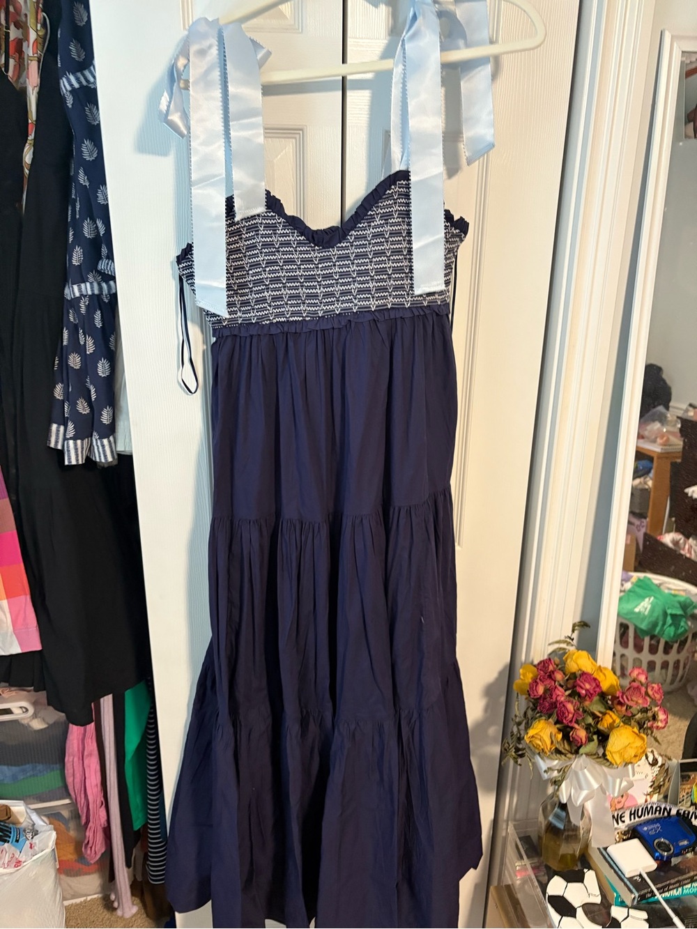 Free People Navy Tiered Sundress with White Ribbon Ties